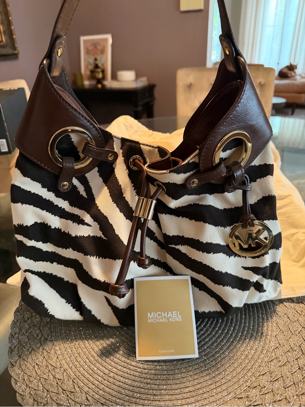 Michael Kors Zebra-Print Canvas Shoulder bag, Black/Cream w/Brown leather
